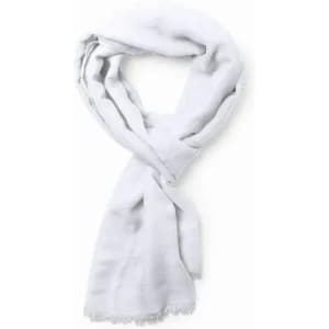 A light grey scarf with a soft texture and fringed edges, elegantly draped.