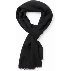 A black scarf with frayed edges, elegantly draped in a looped style.