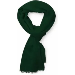 A green scarf with a soft texture and frayed ends, showcasing a simple, elegant design.