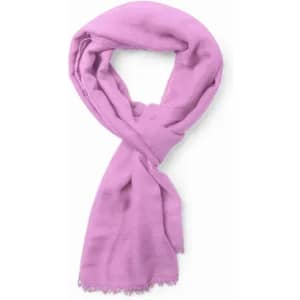 A pink scarf elegantly draped, featuring a soft texture and fringed edges.