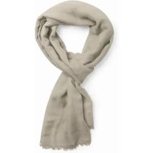 A light beige scarf with a soft texture and frayed edges, elegantly draped in a loop.