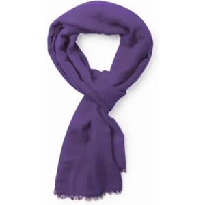A purple scarf draped elegantly, featuring a soft texture and fringed edges.