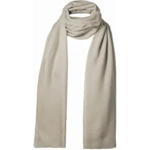 A lightweight beige scarf elegantly draped, featuring a soft fabric texture and a simple, classic design.