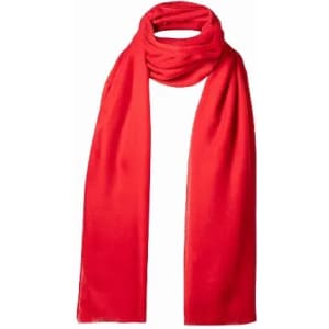 A red scarf made of soft fabric, draped neatly to showcase its length and texture. Features a simple design without embellishments.