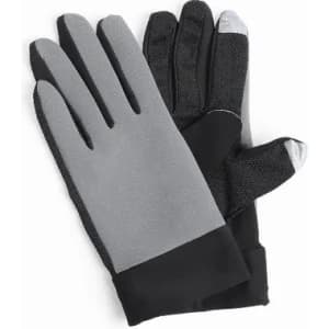 A pair of grey and black gloves with textured fingertips and a snug-fitting wrist.