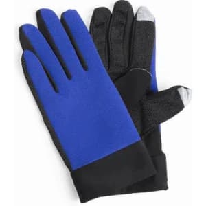 A pair of gloves featuring a blue and black design with textured fingertips for grip.