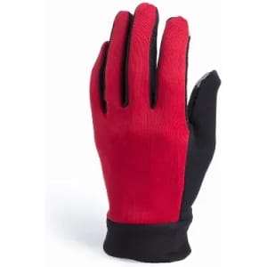 A glove featuring a red and black design, suitable for various activities. It has a textured grip on the palm.