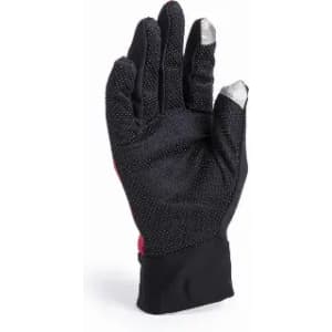 A black glove with a textured surface and pink accents, featuring silver-tipped fingertips.