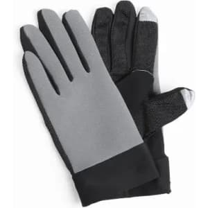 A pair of grey and black gloves with textured fingertips and a snug fit on the wrists.