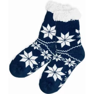 A pair of navy blue socks with white snowflake patterns and a fluffy white cuff.