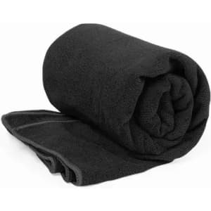 A rolled black towel displayed on a white background, featuring a textured fabric.