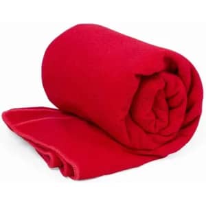A rolled red blanket, soft and plush, with neatly finished edges.