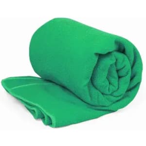 A rolled green towel is displayed, showcasing its soft, textured fabric.