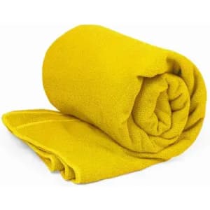 A rolled yellow towel with a textured surface displayed on a white background.