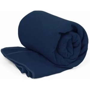 A rolled navy blue blanket with a soft texture, neatly arranged and showcasing its deep colour.