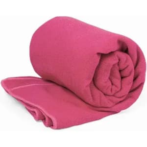 A rolled pink towel with a smooth texture, neatly arranged on a white surface.