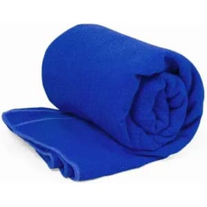 A rolled blue towel with a smooth texture, featuring a simple design and no visible branding.