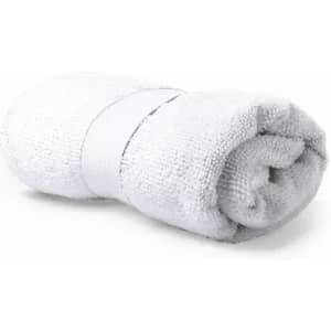 A rolled, white towel secured with a band. The towel appears soft and plush in texture.