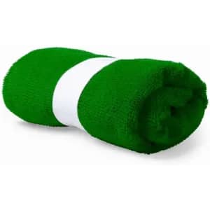 A green rolled towel secured with a white band, featuring a soft, textured fabric.