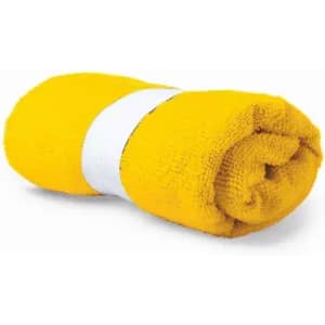 A rolled-up yellow towel secured with a white band. The towel features a textured surface.