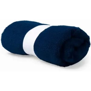 A rolled navy towel with a white band, showcasing a soft texture and compact design.