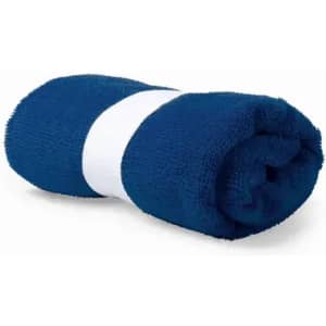 A rolled towel in navy blue with a white band around the centre. The fabric appears soft and fluffy.