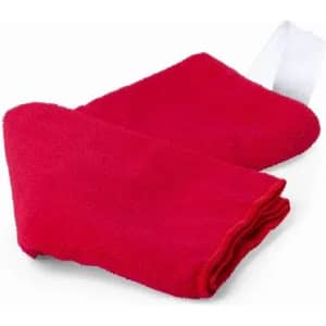A red oven mitt made from soft material, featuring a white loop for hanging.