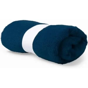 A rolled navy blue towel with a white band around it. The fabric appears soft and plush.