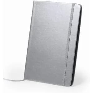 A grey notebook with a textured cover, featuring a ribbon bookmark and an elastic band closure.