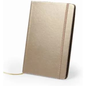 A gold notebook with a textured cover, featuring an elastic band and a ribbon bookmark.
