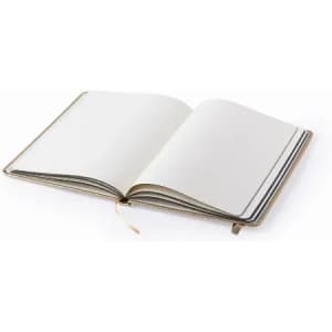 An open notebook with blank pages and a ribbon bookmark, featuring a brown cover.