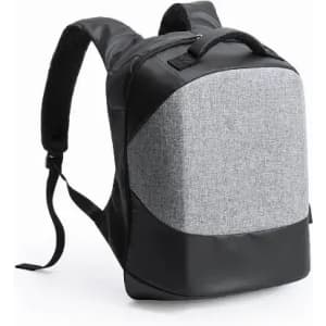 A backpack featuring a grey fabric front and black leather sides, with adjustable straps and a top handle.