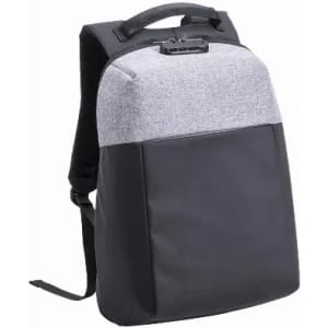 A backpack with a grey top and black bottom, featuring a sleek design and a handle on top. It has a logo.