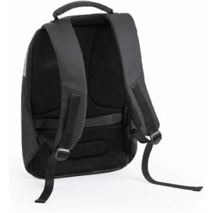 A black backpack featuring adjustable straps and a padded back panel for comfort. It has a simple design and no visible branding.