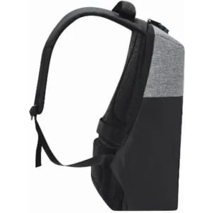 A laptop bag in grey and black, featuring padded straps and a textured finish, with a side pocket.