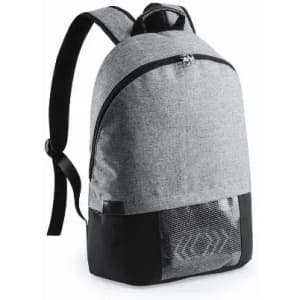 A grey backpack with black accents, featuring a front zip pocket and a mesh side pocket.