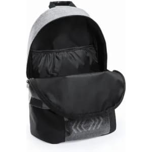 A backpack in black and grey with an open main compartment and a mesh front pocket. It has a logo on the front.
