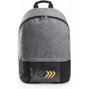 A backpack in grey with a black base and a mesh pocket featuring a logo. Suitable for daily use.