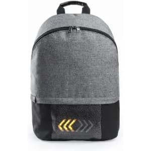 A grey and black backpack featuring a zippered compartment and a mesh pocket with a design element.