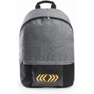 A grey and black backpack featuring a zip closure and a mesh pocket with a logo.