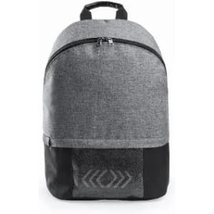 A backpack in grey fabric with a black bottom section and a mesh panel, featuring a zippered closure and a logo.