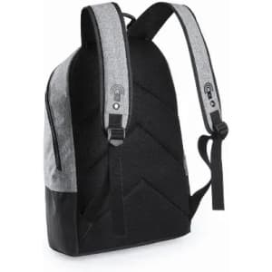 A grey and black backpack featuring two adjustable straps and a textured design. It has a logo on the side.