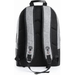 A grey and black backpack with padded straps and a logo on the back.