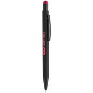 A black pen with a red grip and top, featuring a branding logo.