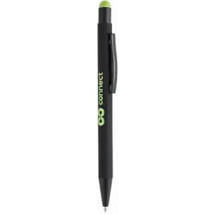 A pen featuring a black body with a green top. It includes a clip and has branding on the side.
