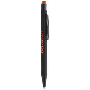 A black pen with an orange tip and an attached clip, featuring a branding logo.