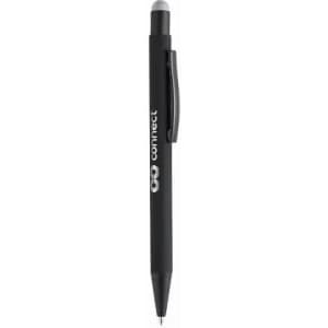 A black pen with a clip and a stylus tip, featuring a logo.