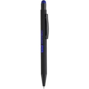 A black pen with a blue tip and clip, featuring a logo on the barrel.