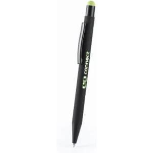 A black pen with a green accent and a logo on the side, featuring a writing tip and a stylus on the top.