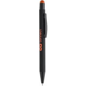 A black pen with an orange accent and a clip, featuring a branding logo.